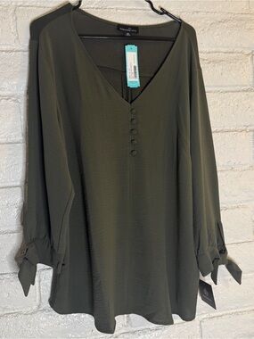 NWT Fortune + Ivy Olive Green V-Neck Blouse XXL Tie Sleeve Career Casual Top
